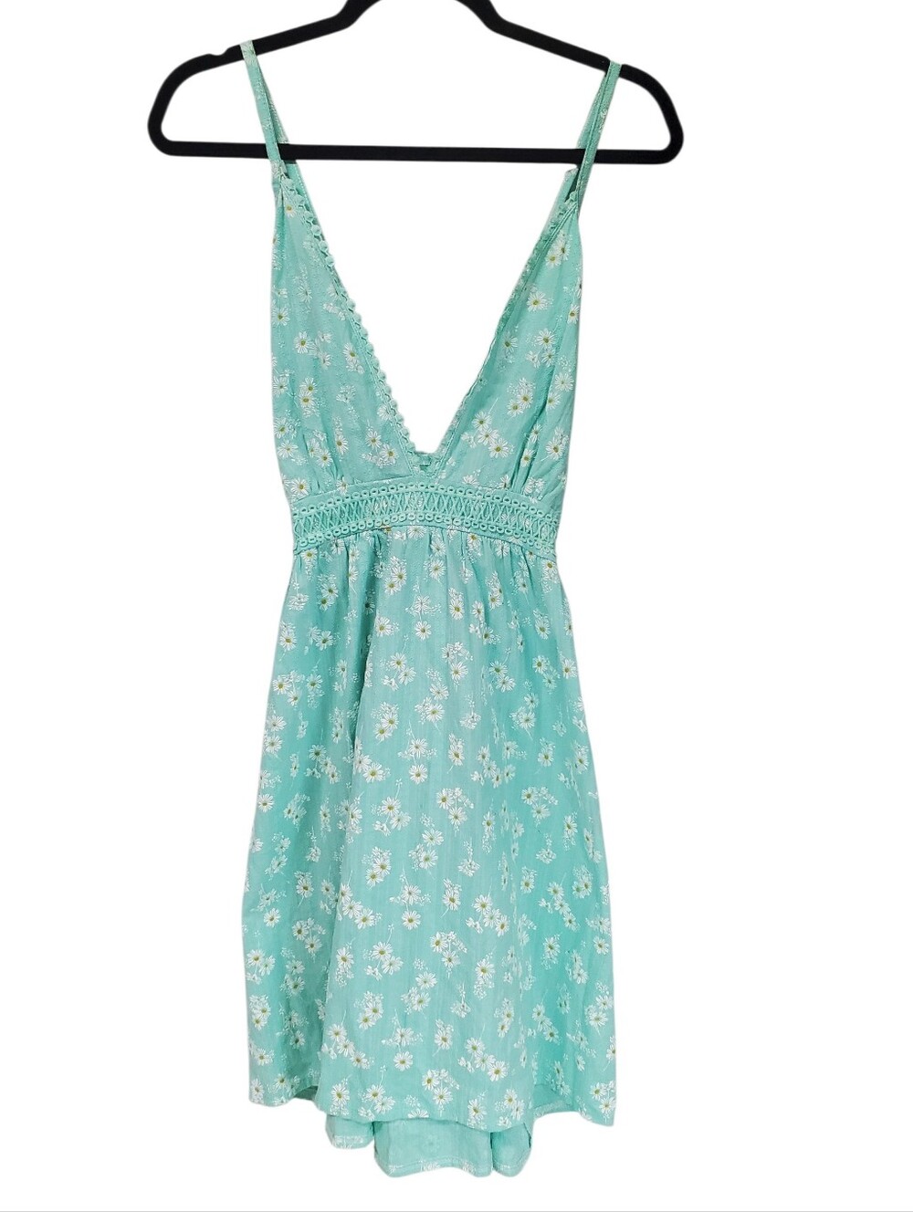 Mint Floral Spaghetti-Strap Mini Dress with Crochet Waist